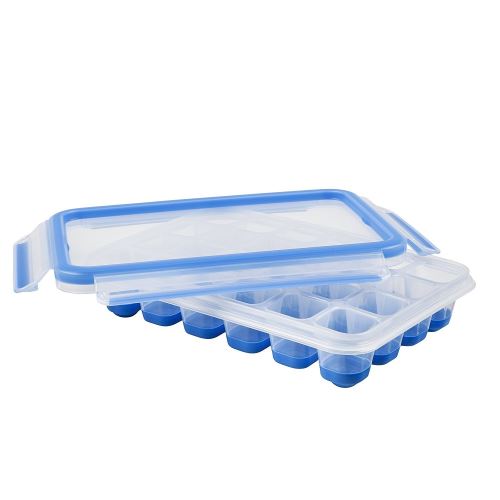 Emsa Boîte à Glaçons, Couvercle, Rectangulaire, 24 Glaçons, Transparent/Bleu, Clip&Close, 517389