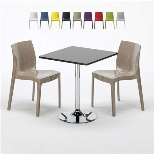 Table Carrée Noire 70x70cm Avec 2 Chaises Colorées Grand Soleil Set Intérieur Bar Café Ice Mojito, Couleur: Beige