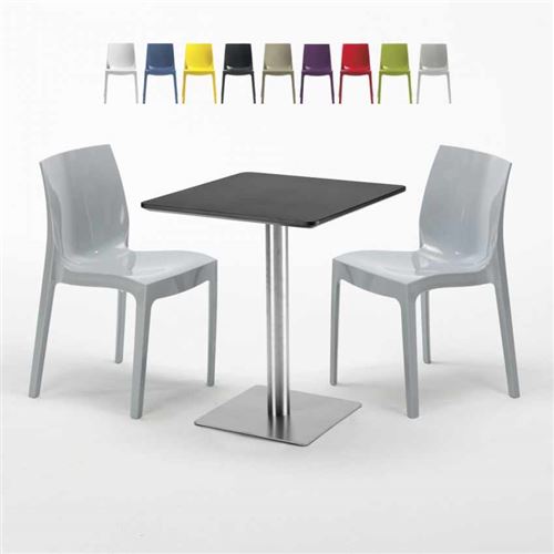 Table carrée 60x60 cm Base Argent E Top Noir Avec 2 Chaises Colorées Ice Pistachio, Couleur: Gris