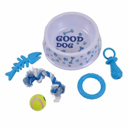 Paris Prix - Kit Pour Chiot 1 Gamelle & 5 Jouets Bleu