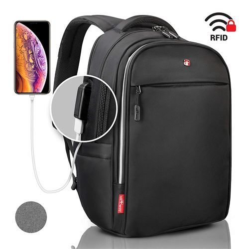 Sac à dos ordinateur Antivol noir - Porte de charge USB avec RFID protection- SUISSE Conception Sac à dos scolaire Business Unive