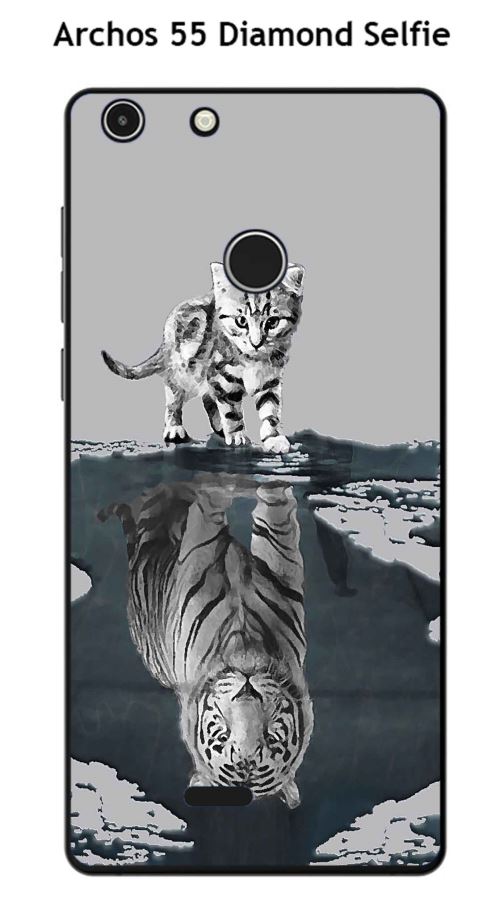 Coque TPU gel souple Archos 55 Diamond Selfie design Chat Tigre Blanc fond gris