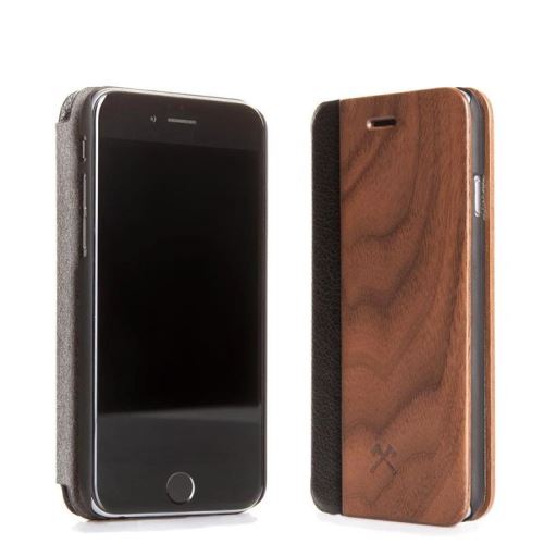 Woodcessories EcoFlip - Flip cover voor mobiele telefoon - leer, FSC-hout - walnoot - voor Apple iPhone 5, 5s, SE