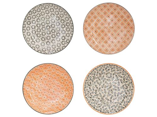 Assiette à dessert en céramique motif ethnique D20cm gris et orange - Coffret de 4 CUBA