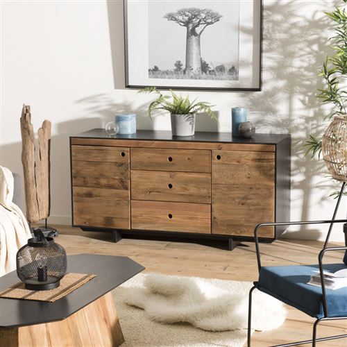 Buffet 2 portes 3 tiroirs bois Pin recyclé