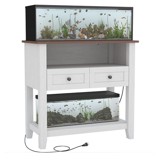 Meuble d’aquarium 75-110 L avec station de frais, charge 300kg, Tiroirs et rangements ouverts, poissons, reptiles Blanc