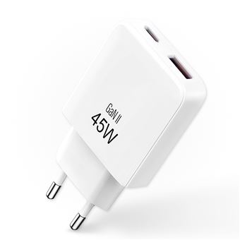 Chargeur secteur 45W GaN USB C + USB A Blanc – Charge rapide universelle - 1