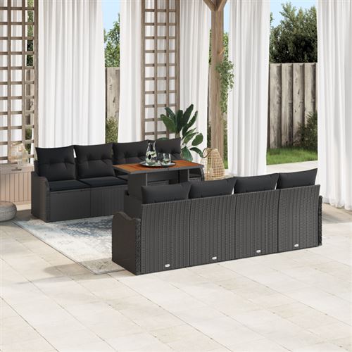 Non Communiqué Noir Ensemble De Canapé De Jardin 9 Pièces Avec Coussins En Poly Rattan Acacia, Canapé De Jardin 2 Places Avec Coussins En Poly