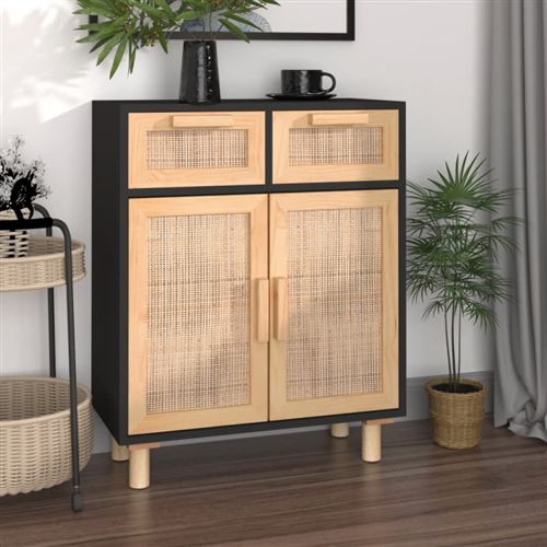 Non Communiqué Noir Buffet 60X30x75 Cm Bois De Pin Massif Et Rotin Naturel