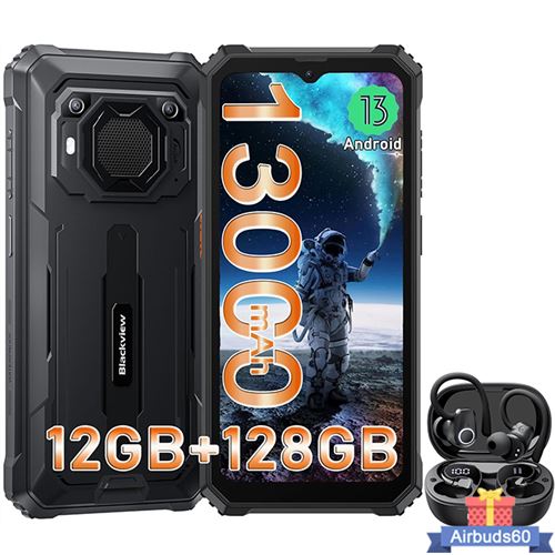 Téléphone Portable Incassable Blackview BV6200 Pro 6,56 13000mAh 12Go+128Go Noir avec Écouteurs Bluetooth Airbuds 60(Noir)