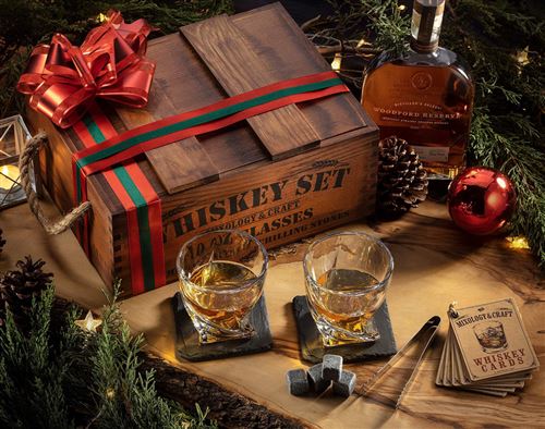 Ghazpmuk Coffret Whisky Cadeau Homme – 4 Pierres à Whisky En Granit, Verre Élégant, Sac Velours, Pinces Et Sous-Verre – Idéal Papa, Mari, Anniversaire