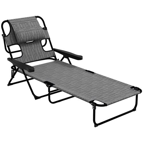 Bain de soleil transat pliable inclinable - coussins, espace t&ecirc;te - acier noir polyester gris chin&eacute;