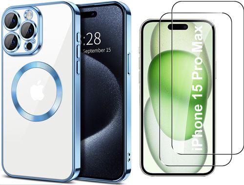 Coque Silicone Pour iPhone 15 Pro Max Couleur Bleu Compatible Magsafe + 2 Verres Trempe Protection Ecran Little Boutik®