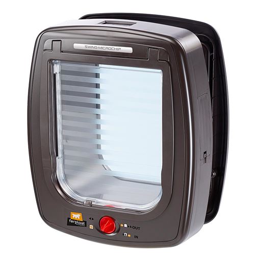 Ferplast Chatière avec Micropuce SWING MICROCHIP LARGE Porte pour Grands chats et petits Chiens, Entrée et sortie contrôlables à 4 voies, Collier avec puce électronique inclus Marron