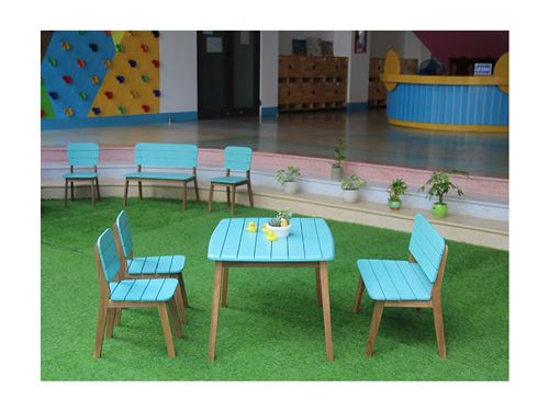 Salle à manger de jardin bleue pour enfants en acacia - 2 chaises, 1 banc et 1 table - GOZO de MYLIA