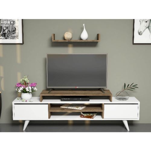 HOMEMANIA Meuble TV Melis Moderne Murale - avec Portes, Étagères - pour Salon - Blanc, Noyer en Bois, 160 x 29,7 x 38,6 cm