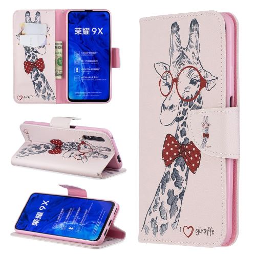 Etui en PU style d'impression adorable girafe portant des lunettes pour votre Huawei Honor 9X/Honor 9X Pro