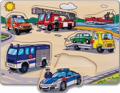 Puzzle en bois a encastrer les vehicules : voiture camion pompier - police 6 pieces - puzzle bouton eichhorn