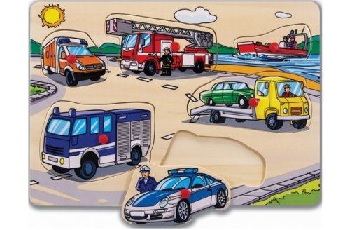 EICHHORN Puzzle en bois a encastrer les vehicules : voiture camion pompier - police 6 pieces - puzzle bouton  