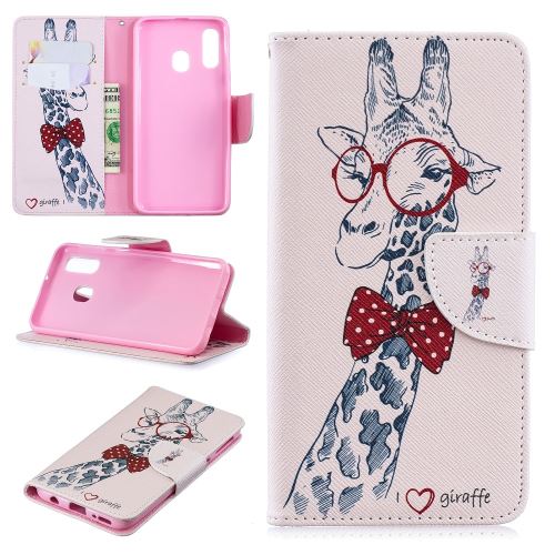 Etui en PU impression de motifs adorable girafe portant des lunettes pour votre Samsung Galaxy A40
