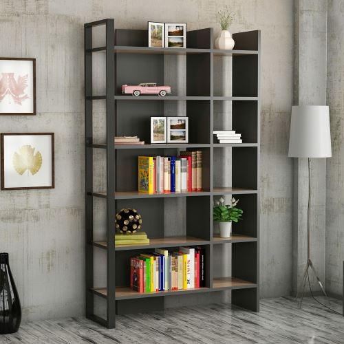HOMEMANIA Bibliothèque Leno avec Étagères, Meuble de Rangement - pour Salon - Noyer, Anthracite, Noir en Bois, 94 x 34 x 160 cm