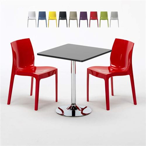 Table Carrée Noire 70x70cm Avec 2 Chaises Colorées Grand Soleil Set Intérieur Bar Café Ice Mojito, Couleur: Rouge