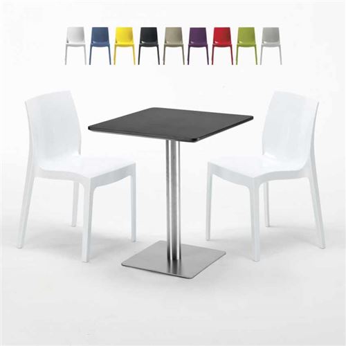 Table carrée 60x60 cm Base Argent E Top Noir Avec 2 Chaises Colorées Ice Pistachio, Couleur: Blanc
