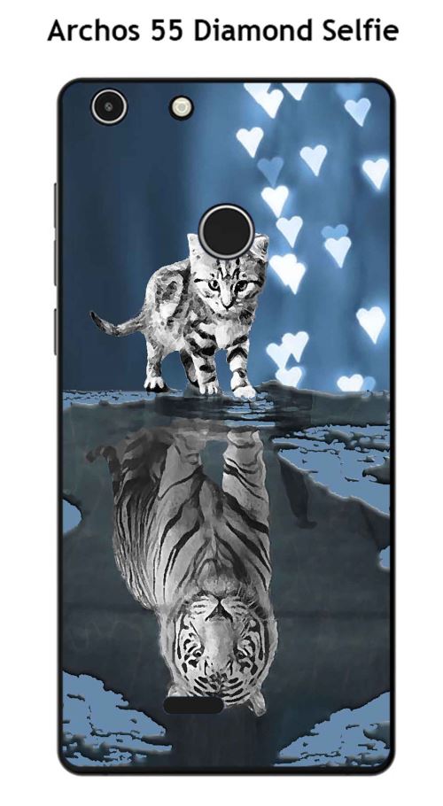 Coque TPU gel souple Archos 55 Diamond Selfie design Chat Tigre Blanc fond bleu noir