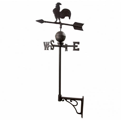 L'Héritier Du Temps - Girouette murale avec 4 points cardinaux motif coq sur une flèche en fonte patinée marron 49x49x100cm
