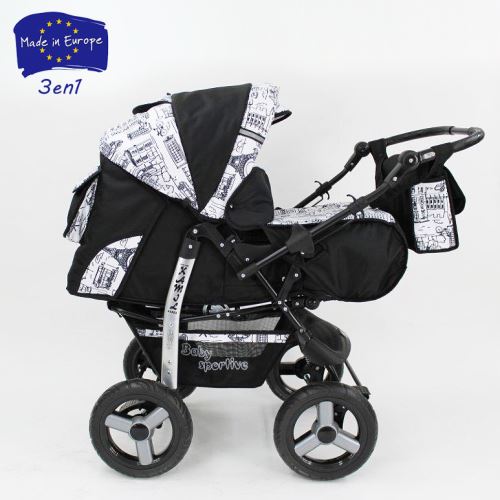 Noir avec design de la ville Kamil Poussette - Landau 3en1 avec siège auto Couffin Poussette canne