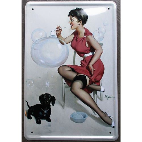 plaque pin up avec son chien et bulle de savon tole affiche