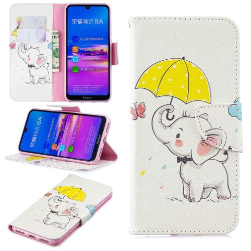 Etui en PU support d'impression de patrons éléphant tenant un parapluie pour votre Huawei Honor 8A