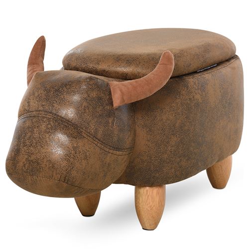 Tabouret vache - pouf vachette - pouf taureau coffre de rangement 2 en 1 - pieds bois d'hévéa revêtement synthétique aspect daim vieilli marron