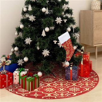 Jupe de sapin de Noël de luxe avec chaussette Rouge 122cm Tissu - 1