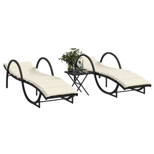 Non Communiqué Noir Vidaxl Chaises Longues Lot De 2 Avec Table Résine Tressée, Lit De Bronzage, Chaise Longue D'extérieur, Lit De Jour 368263