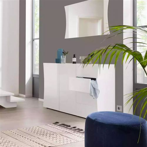 Meuble Buffet Salon 2 Portes 4 Tiroirs Blanc Brillant Arco Kommode