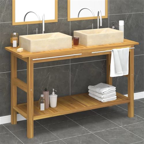vidaXL Armoire de salle de bain et lavabos en marbre crème Teck massif