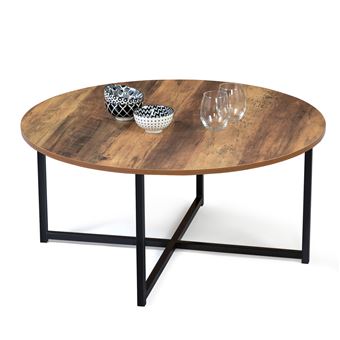Table basse ronde HAWKINS 80 cm bois foncé design industriel - 1