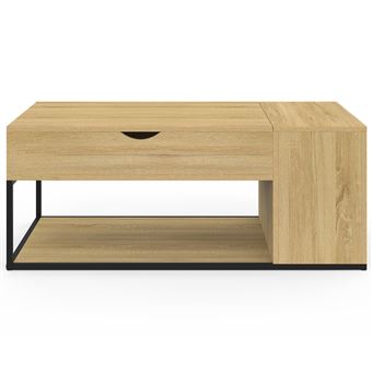 IDMarket Table Basse Bar IZIA – Rectangulaire 110x60 Cm – Noir & Plateau Bois – Coffre De Rangement Malin + Étagère – Style Industriel Moderne