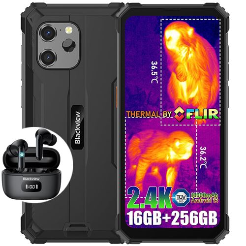 Smartphone Incassable Blackview BV8900 Android 13 6,5 2,4K 16Go+256Go 64MP 10380mAh NFC Noir avec Écouteurs Bluetooth Airbuds 8
