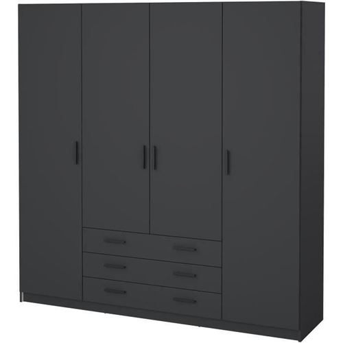 Armoire de chambre VEGA 4 portes 3 tiroirs gris mat 9 tablettes