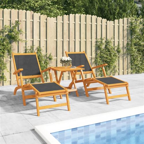 Non Communiqué Noir Chaises Longues D Extérieur Lot De 2 Acacia Massif Et Textilène