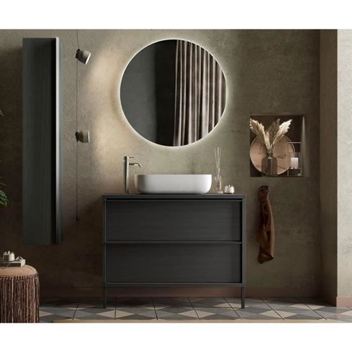 STEEL Ensemble Meuble salle de bain L 92 + Vasque + 2 Tiroirs - Coloris chêne noir brulé