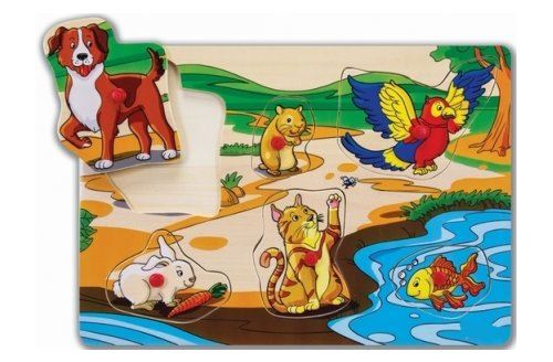 EICHHORN Puzzle en bois a encastrer animaux domestique (chat chien poisson lapin) 6 pieces - puzzle bouton  