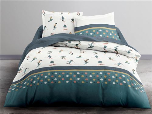 Parure de lit 100% coton CAUTERETS - housse de couette 220 x 240 cm + 2 taies 65 x 65 cm - Flanelle - Ecru et vert