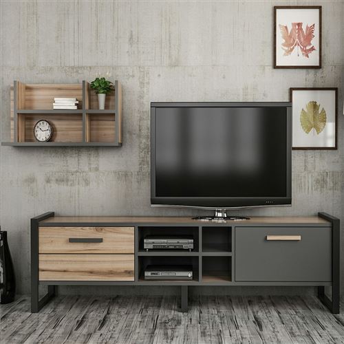 Meuble TV design avec étagère Leno - L. 184 x H. 39 cm - Gris anthracite