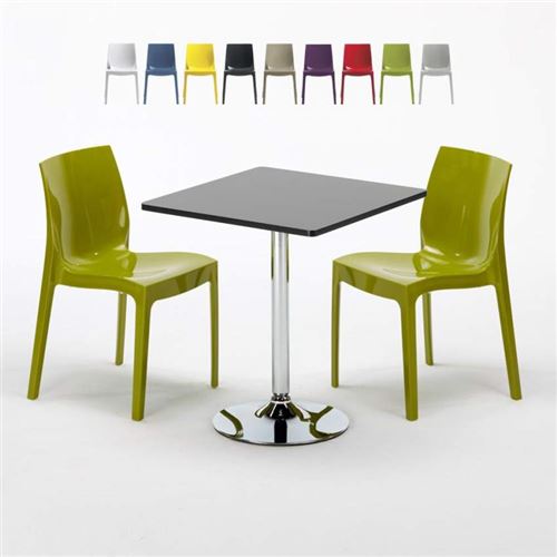 Table Carrée Noire 70x70cm Avec 2 Chaises Colorées Grand Soleil Set Intérieur Bar Café Ice Mojito, Couleur: Vert