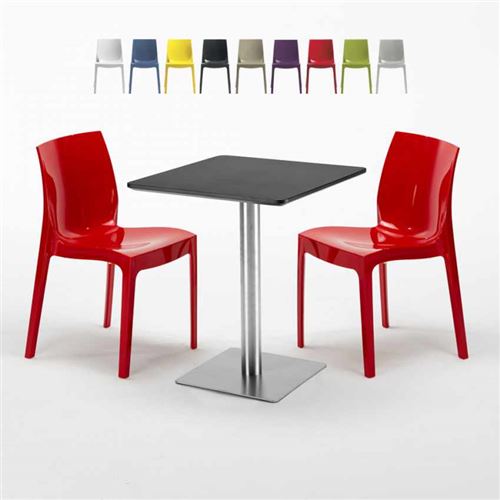 Table carrée 60x60 cm Base Argent E Top Noir Avec 2 Chaises Colorées Ice Pistachio, Couleur: Rouge