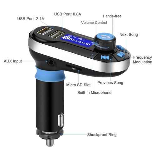 Kitmain libre de voiture Bluetooth Lecteur MP3 Transmetteur FM avec Micro - Double Recharge USB (bleu )
