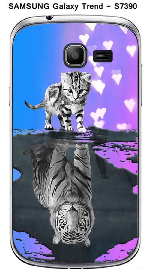 Coque TPU gel souple Samsung Galaxy Trend - S7390 design Chat Tigre Blanc fond bleu rose